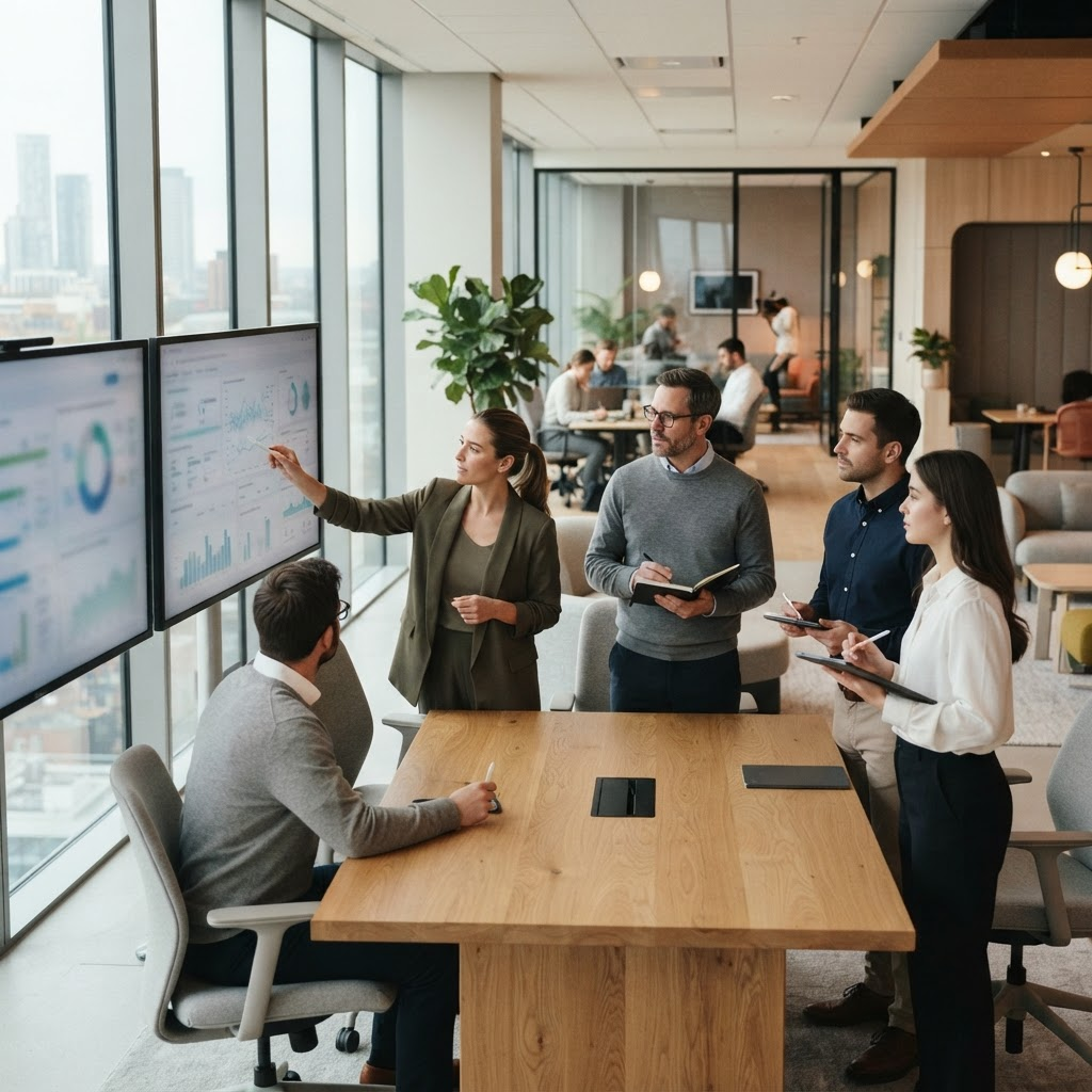 Business and technology team reviewing operational data on screens in a modern office