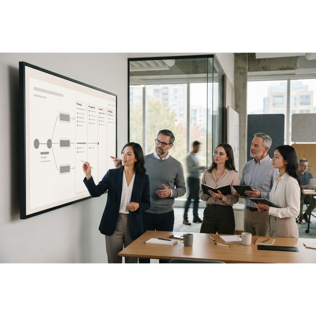 Project and procurement team reviewing a project-status dashboard on a large screen