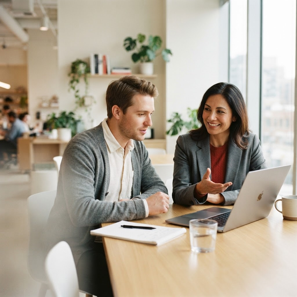 Two professionals in a relaxed enterprise consultation over a laptop