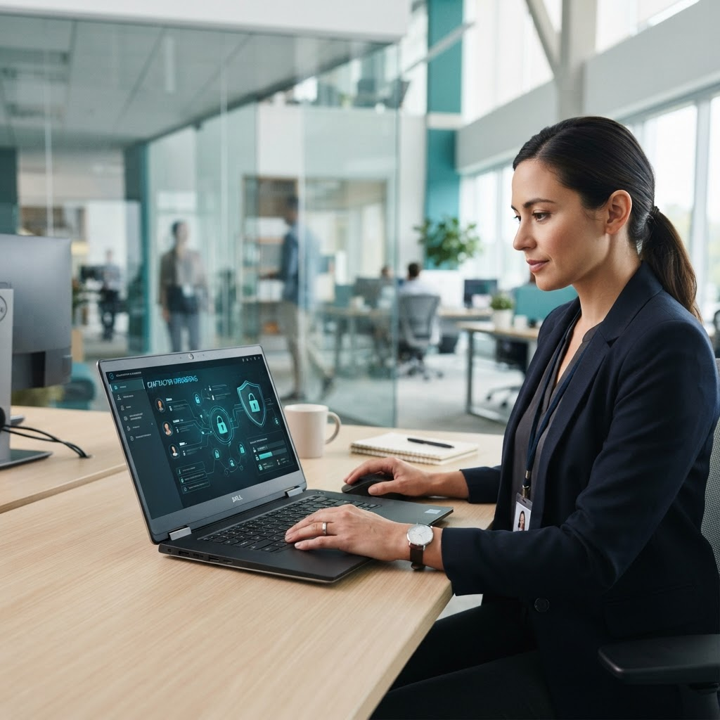 Contractor onboarding and role-based access management workflow on a laptop