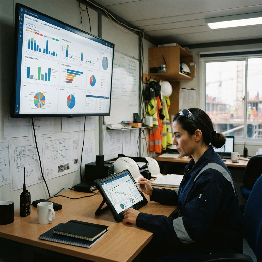 A project document-control and procurement-approval dashboard on a screen in a construction site office