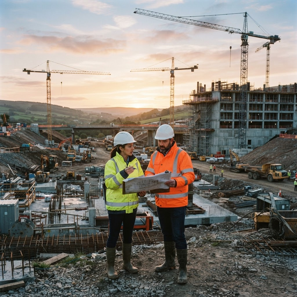 Large construction and infrastructure project with cranes at golden hour