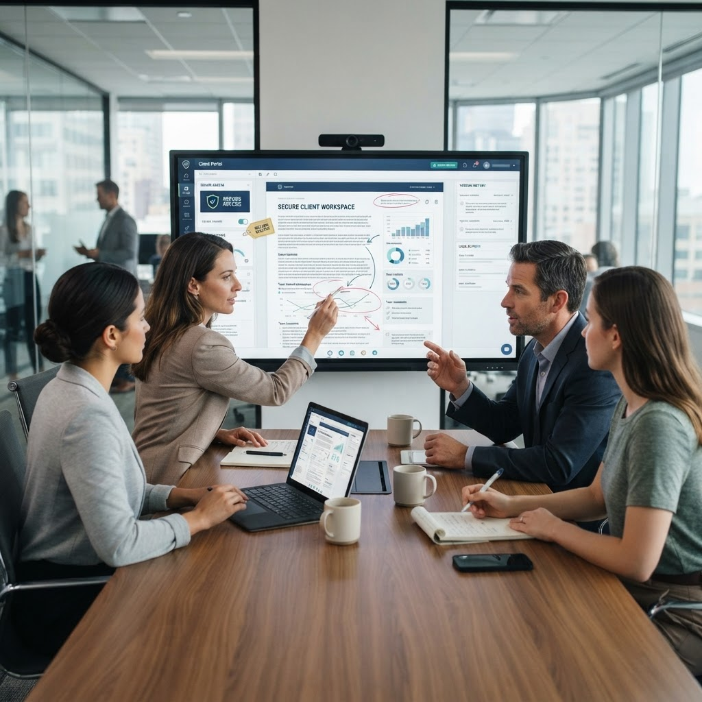 A secure client-document portal and knowledge-management workspace on screens in a professional-services firm