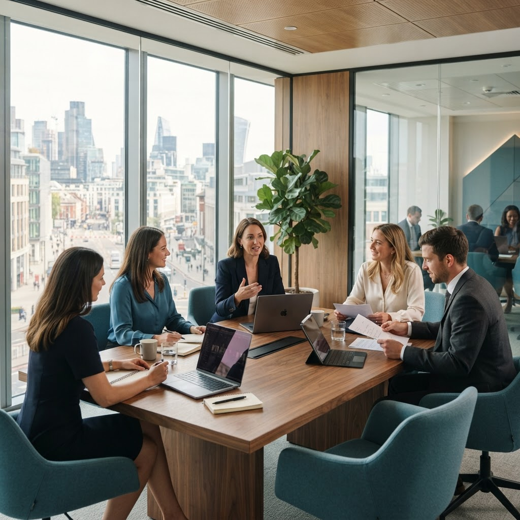 Professionals collaborating in a bright contemporary corporate and legal services office
