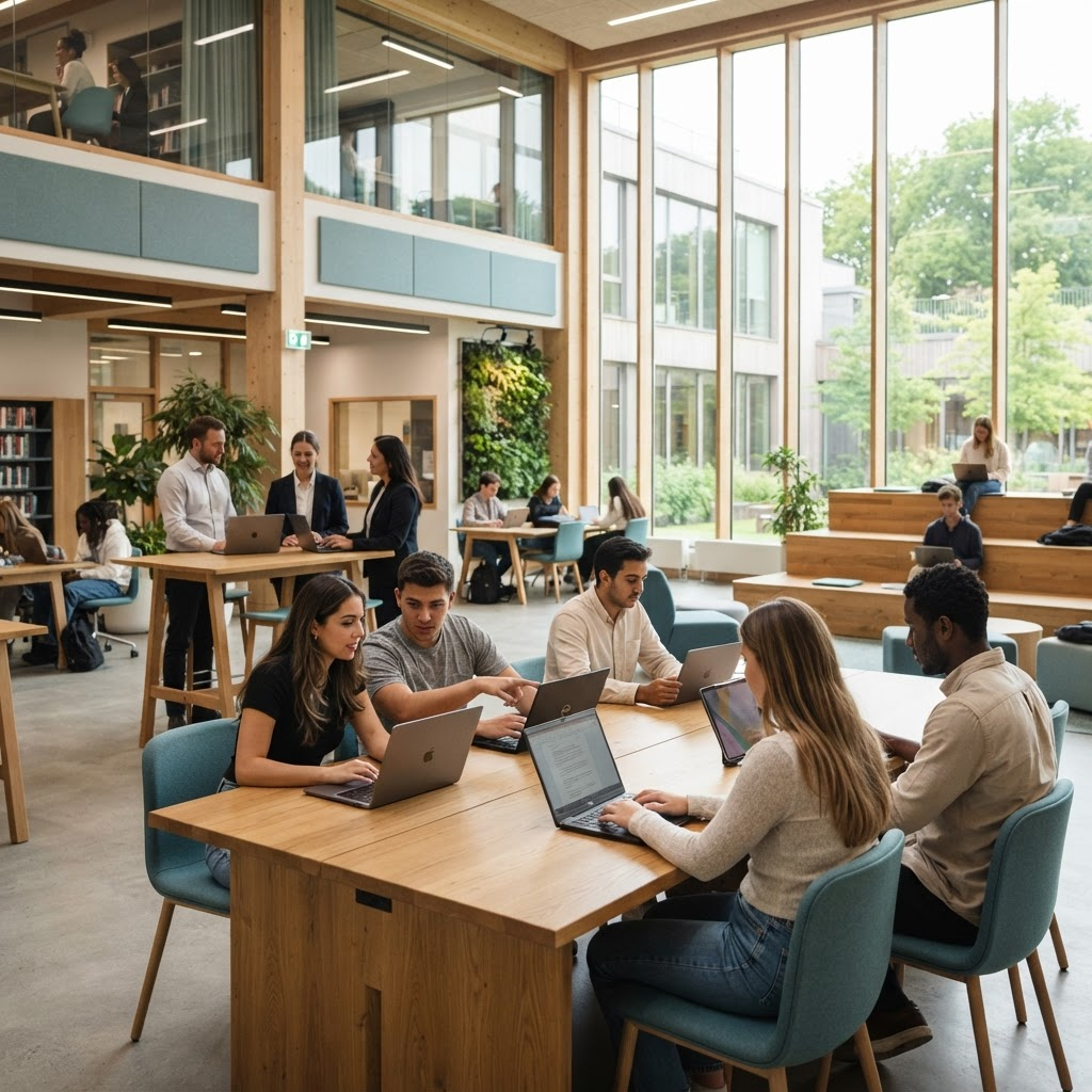Modern learning environment with students and staff using digital devices in a bright campus space