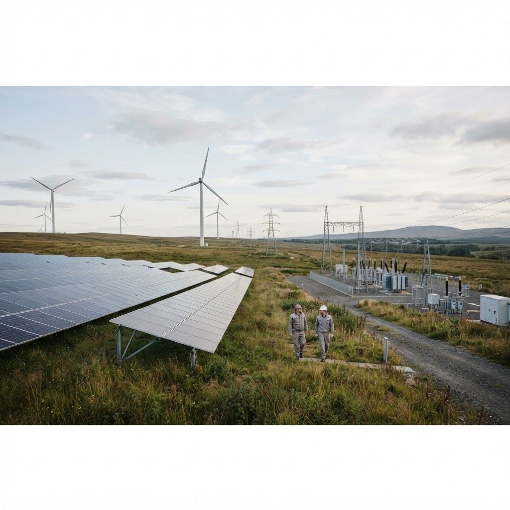 Modern renewable energy facility with solar panels, wind turbines and transmission infrastructure