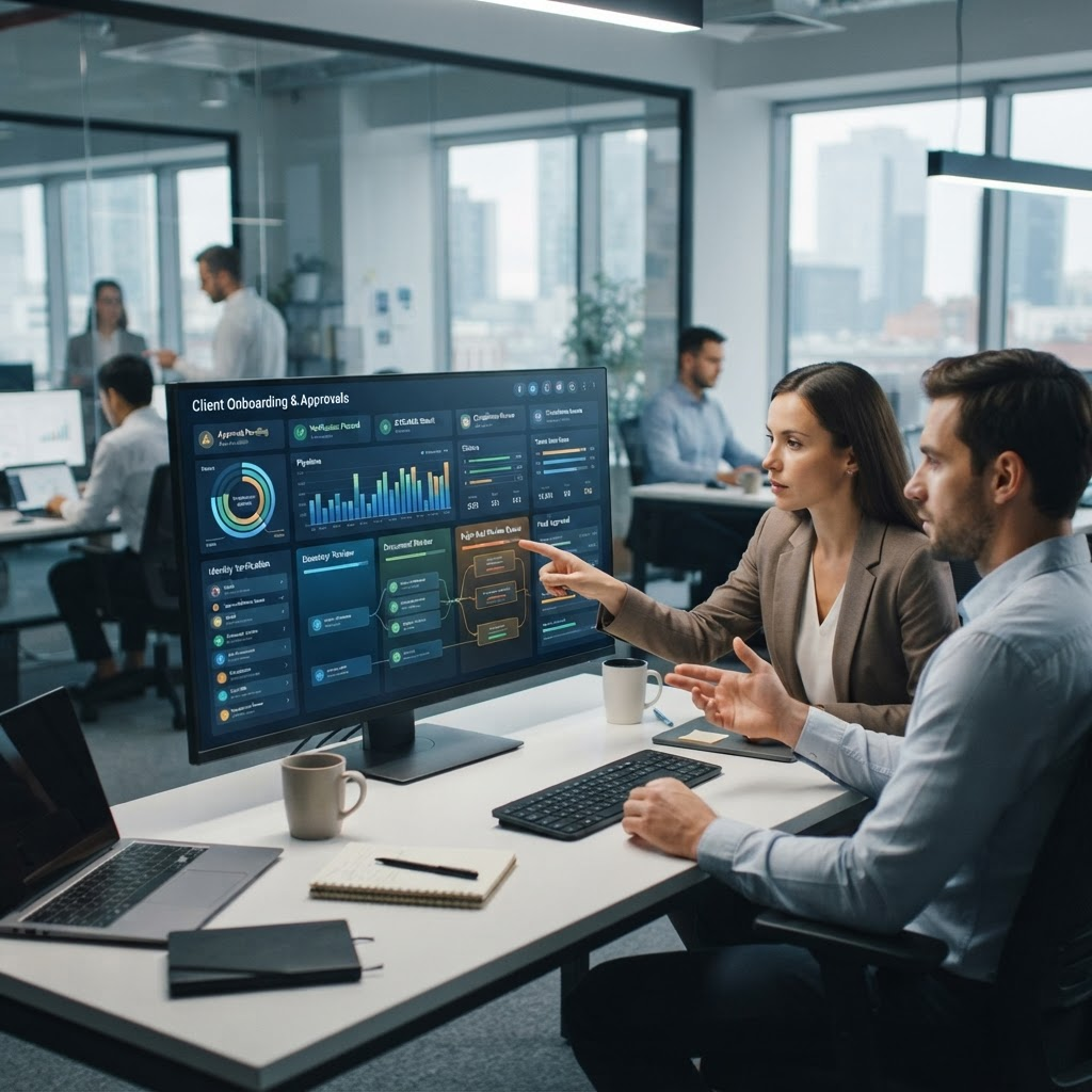 A secure customer-onboarding and approval workflow with a management dashboard on screens in a financial-services office