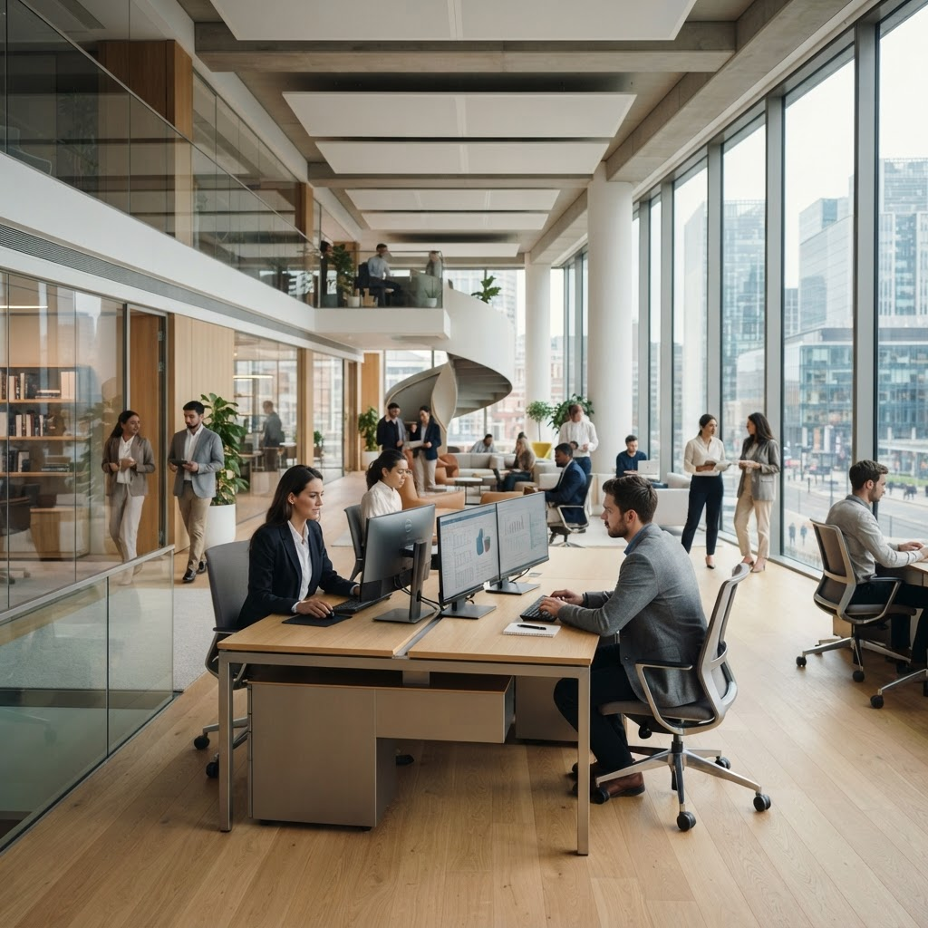 Sleek contemporary financial services and fintech office environment