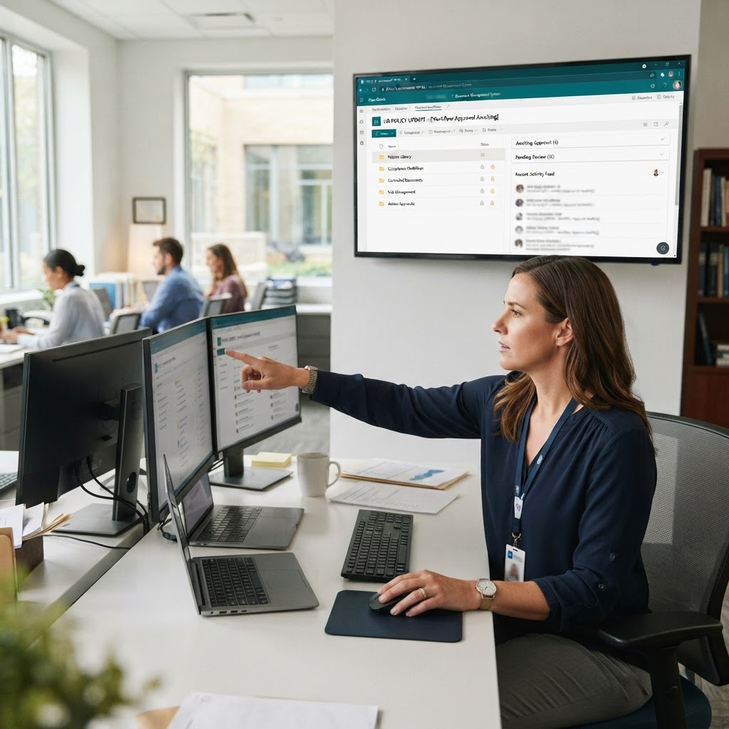 A secure document and policy portal with access and approval workflows on a large screen in a healthcare administration office