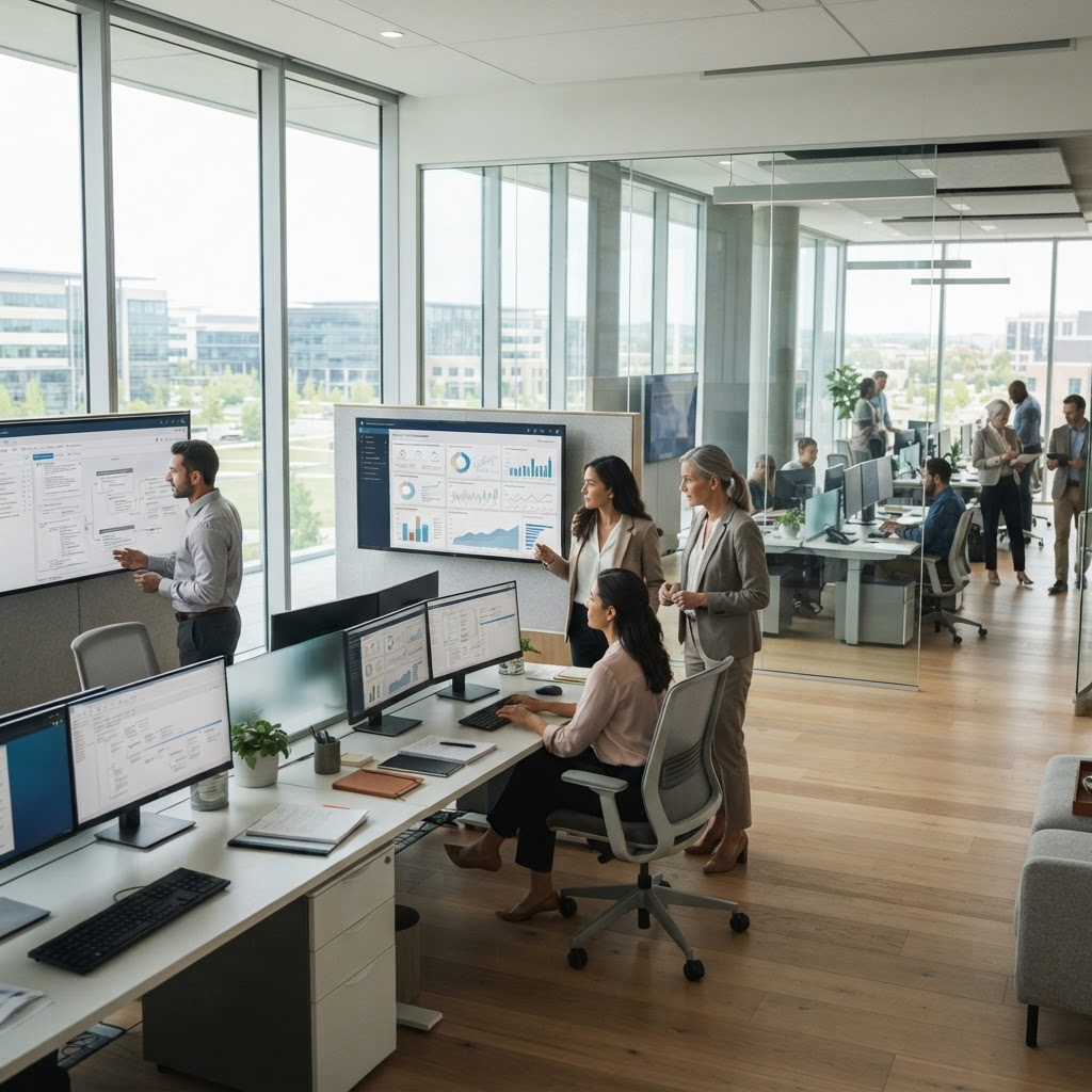 Healthcare administration staff reviewing secure information dashboards and document workflows in a bright office