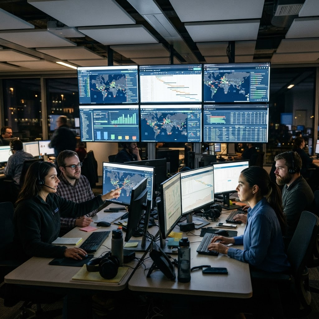 A customer shipment-status portal and operations dashboard on screens in a logistics coordination office