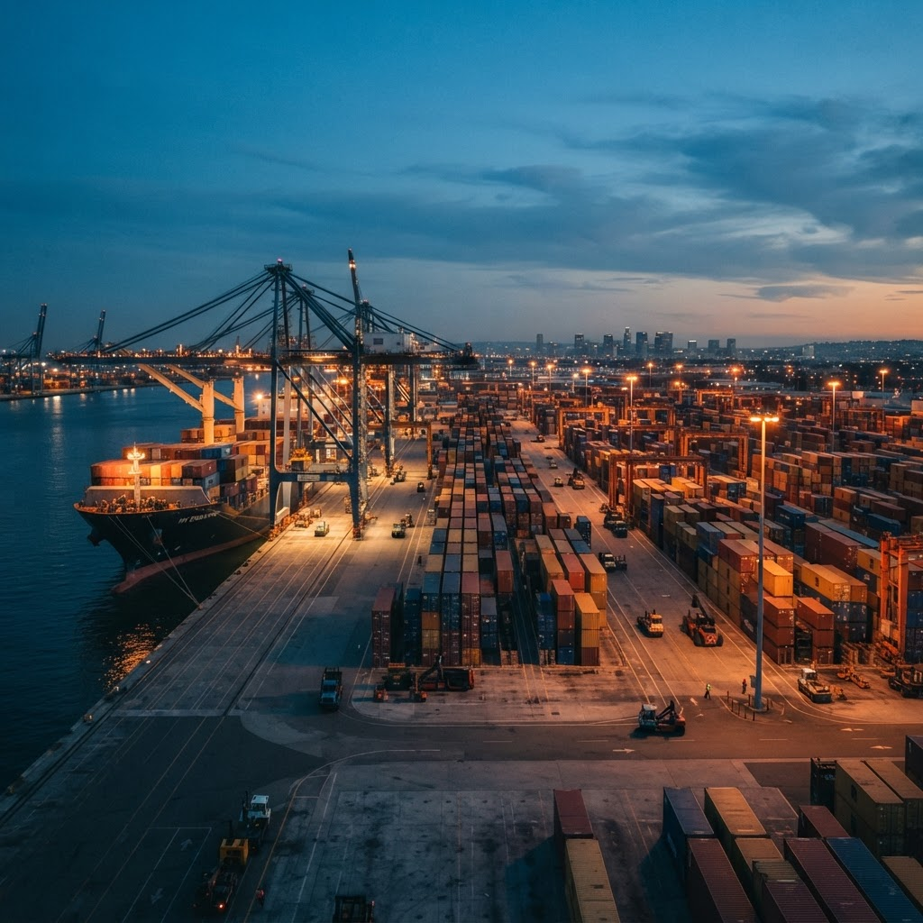 Container port and logistics operation with cranes and stacked shipping containers at dusk