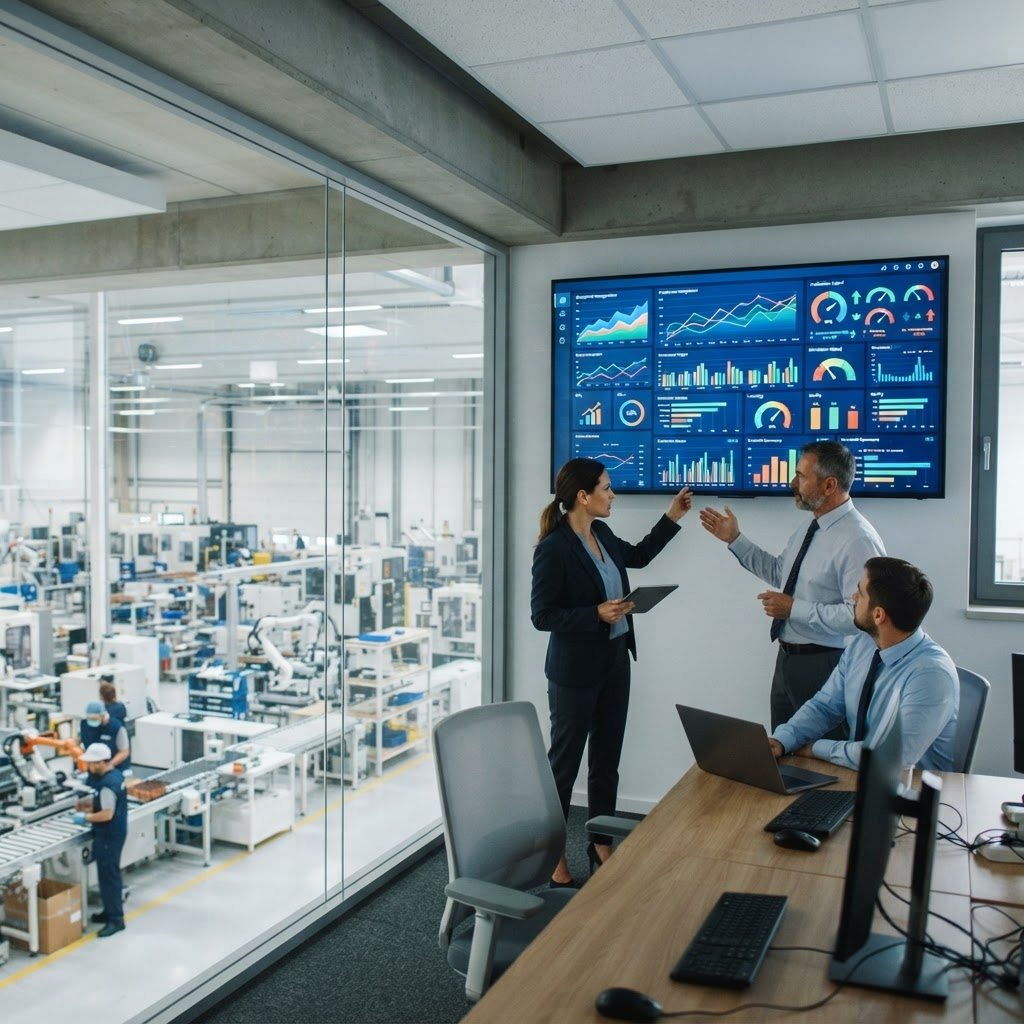 An enterprise management and ERP reporting dashboard on a large screen in a manufacturing office
