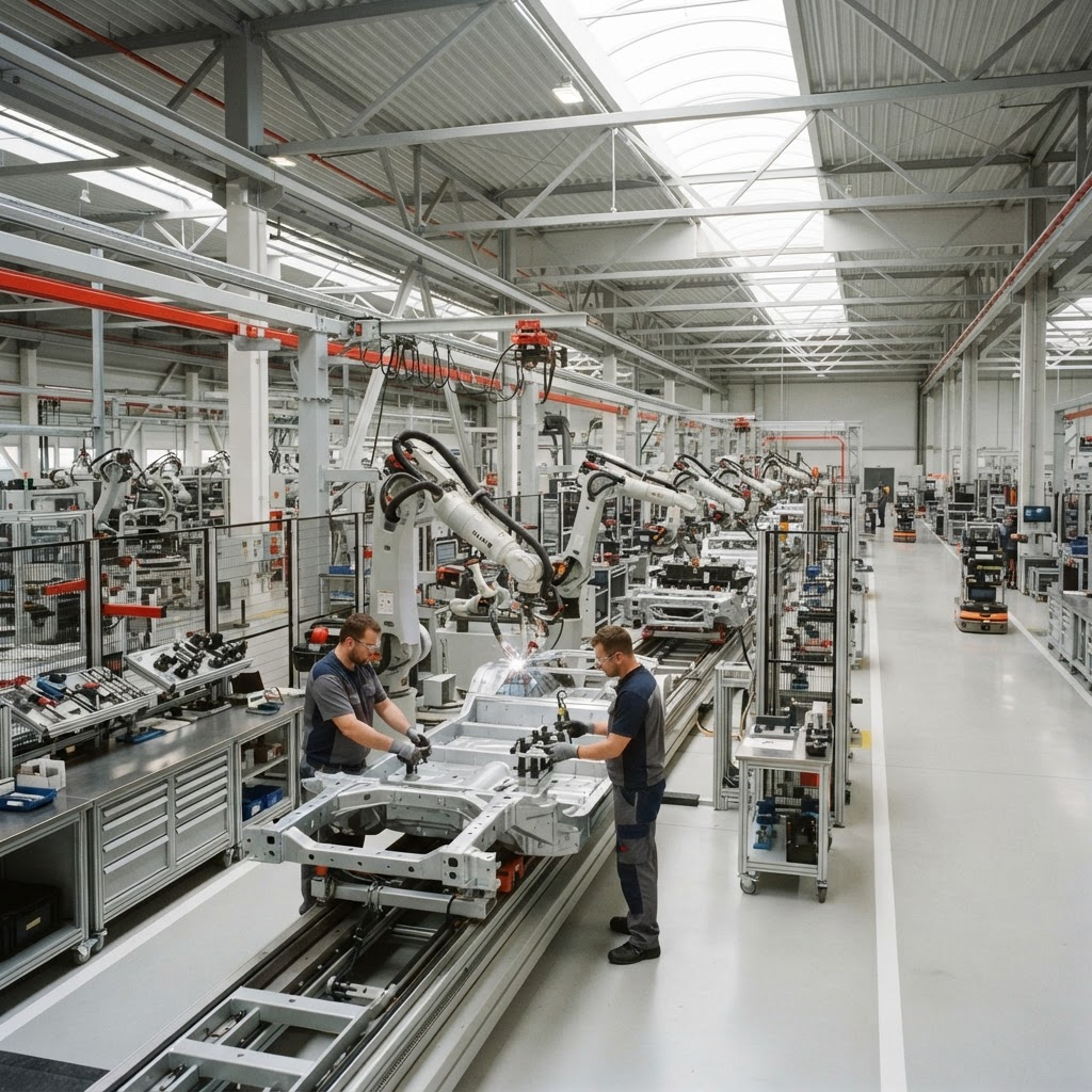 Clean, modern manufacturing and automotive production line with robotics