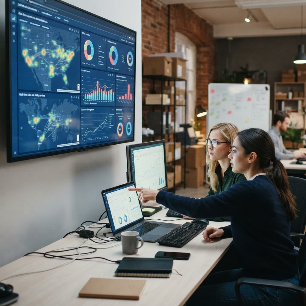 An e-commerce and CRM operations dashboard on screens in a modern retail back-office