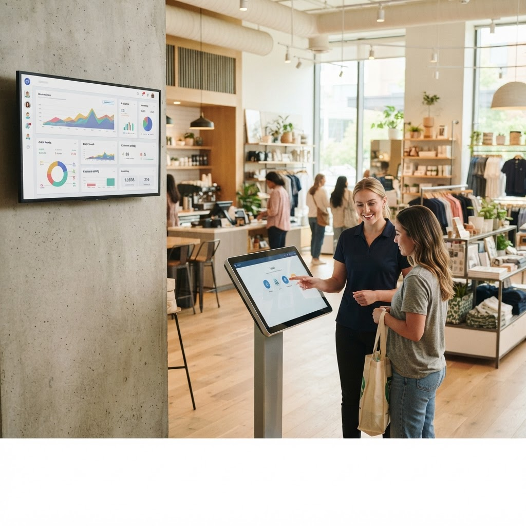 A staff member assisting a customer at a digital service kiosk in a bright modern retail and hospitality space