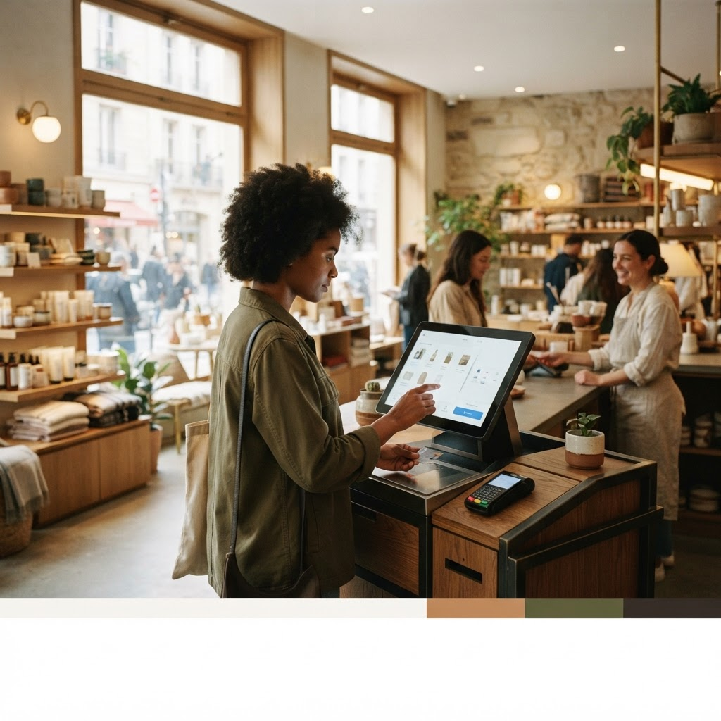 Modern retail and hospitality space with a customer using a digital service screen