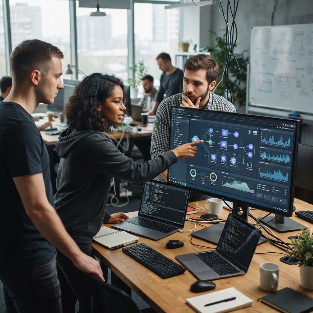 A SaaS product interface and cloud deployment pipeline on screens in a startup workspace