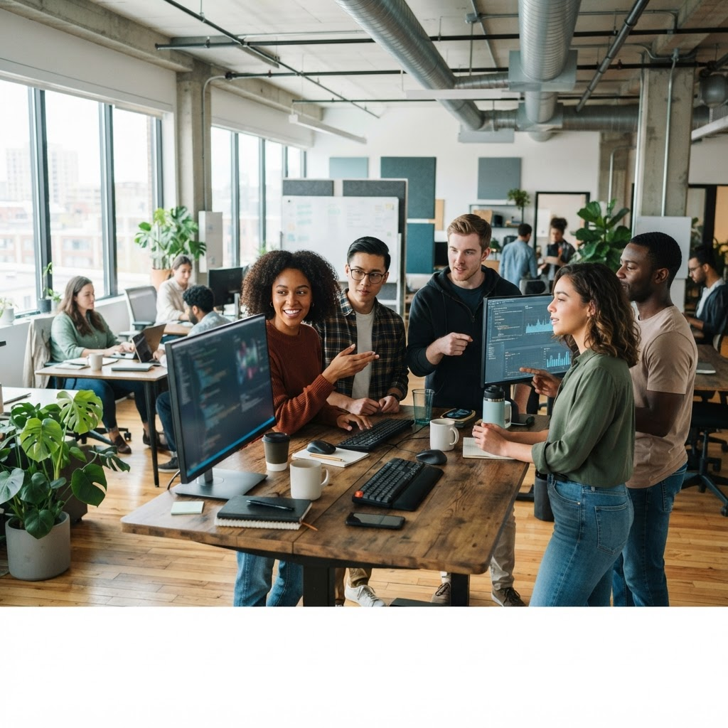 Fast-growing technology startup team collaborating around screens in a light modern workspace
