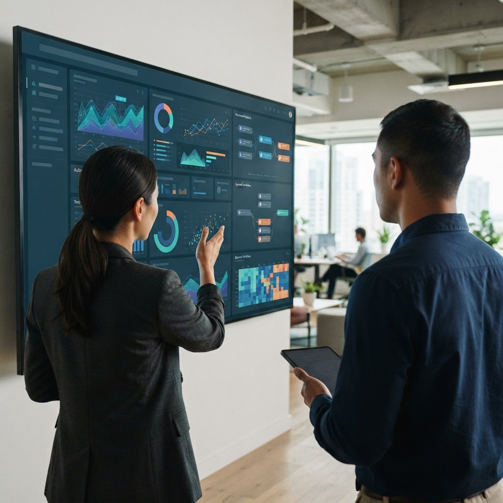 Colleagues reviewing an abstract executive analytics dashboard with data pipelines and approval flows