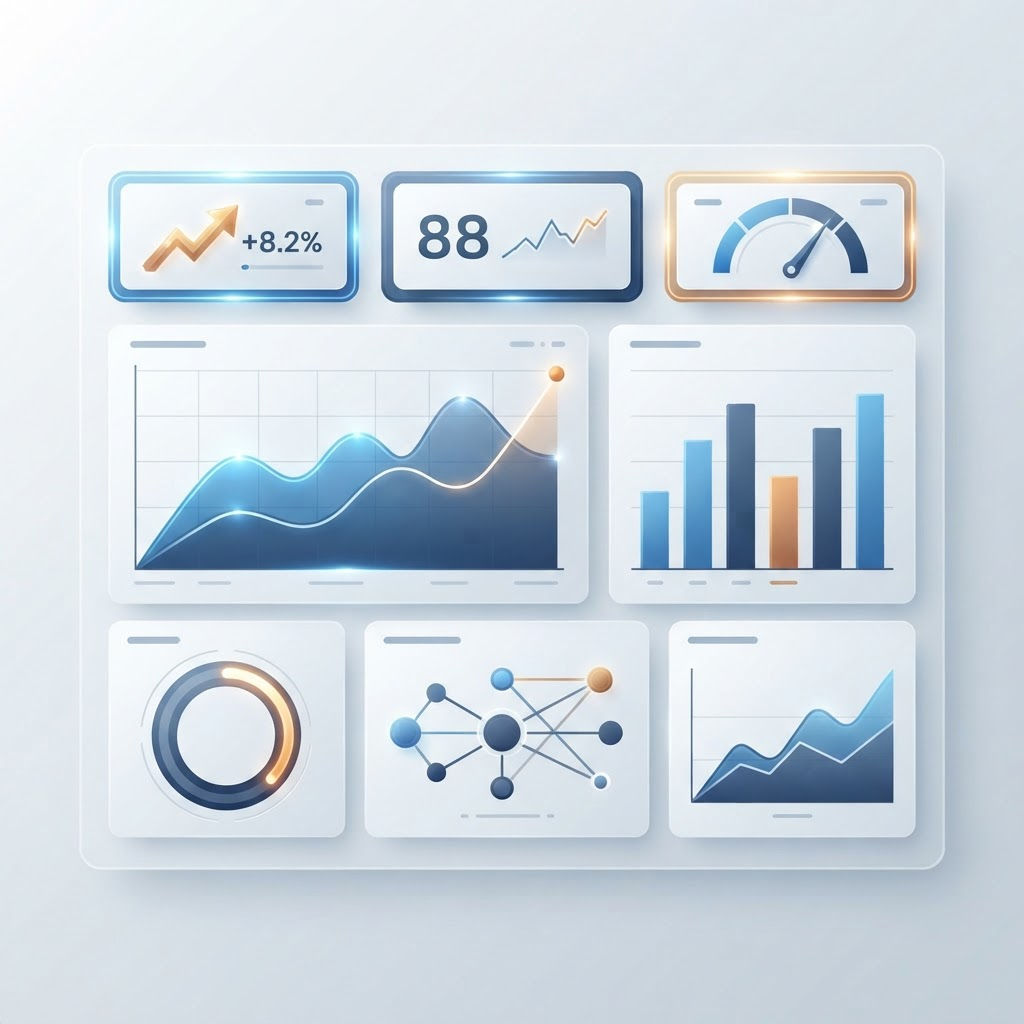 An abstract executive analytics dashboard with clear charts and KPIs on a bright display