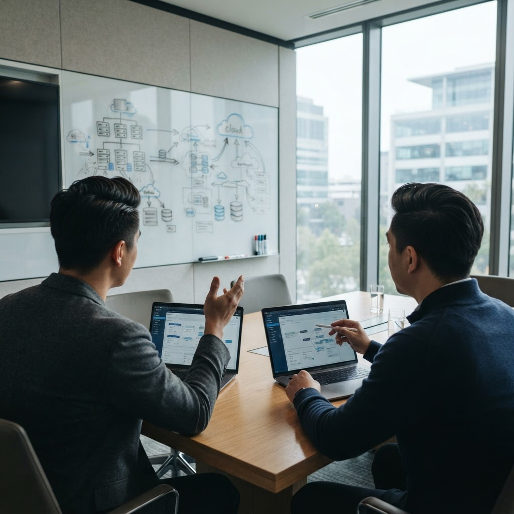 Two IT professionals planning a cloud migration over abstract migration-flow diagrams on a glass wall