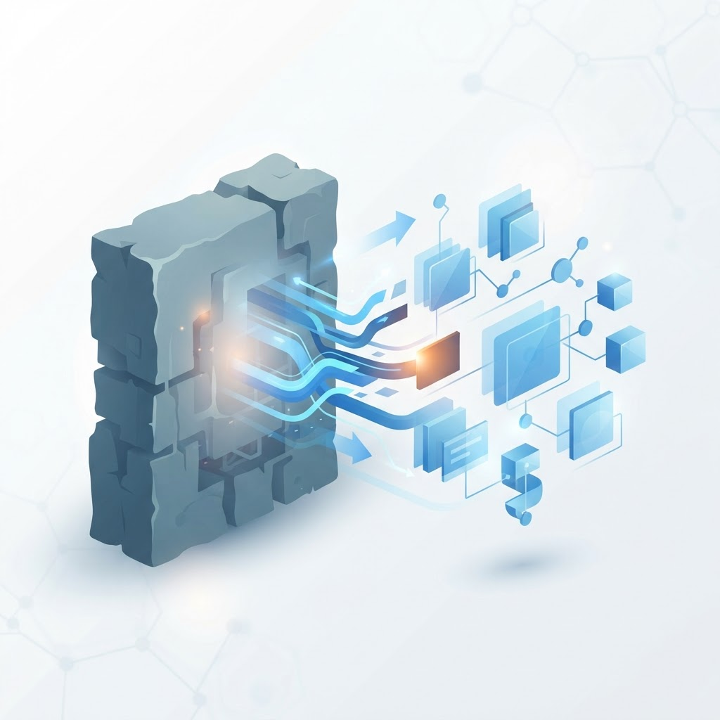 An abstract legacy-to-modern application modernisation transition on a bright display