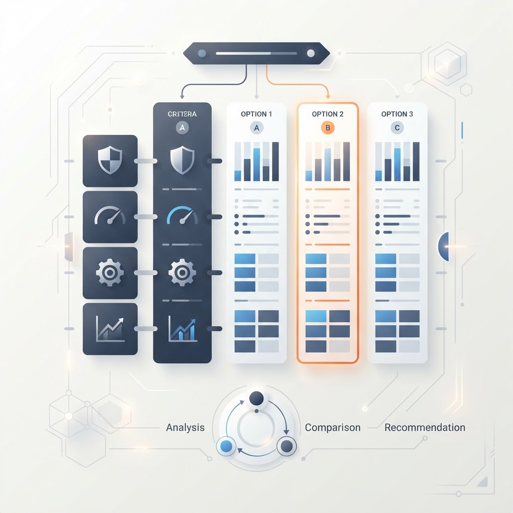 An abstract independent technology assessment scorecard weighing options on a bright display