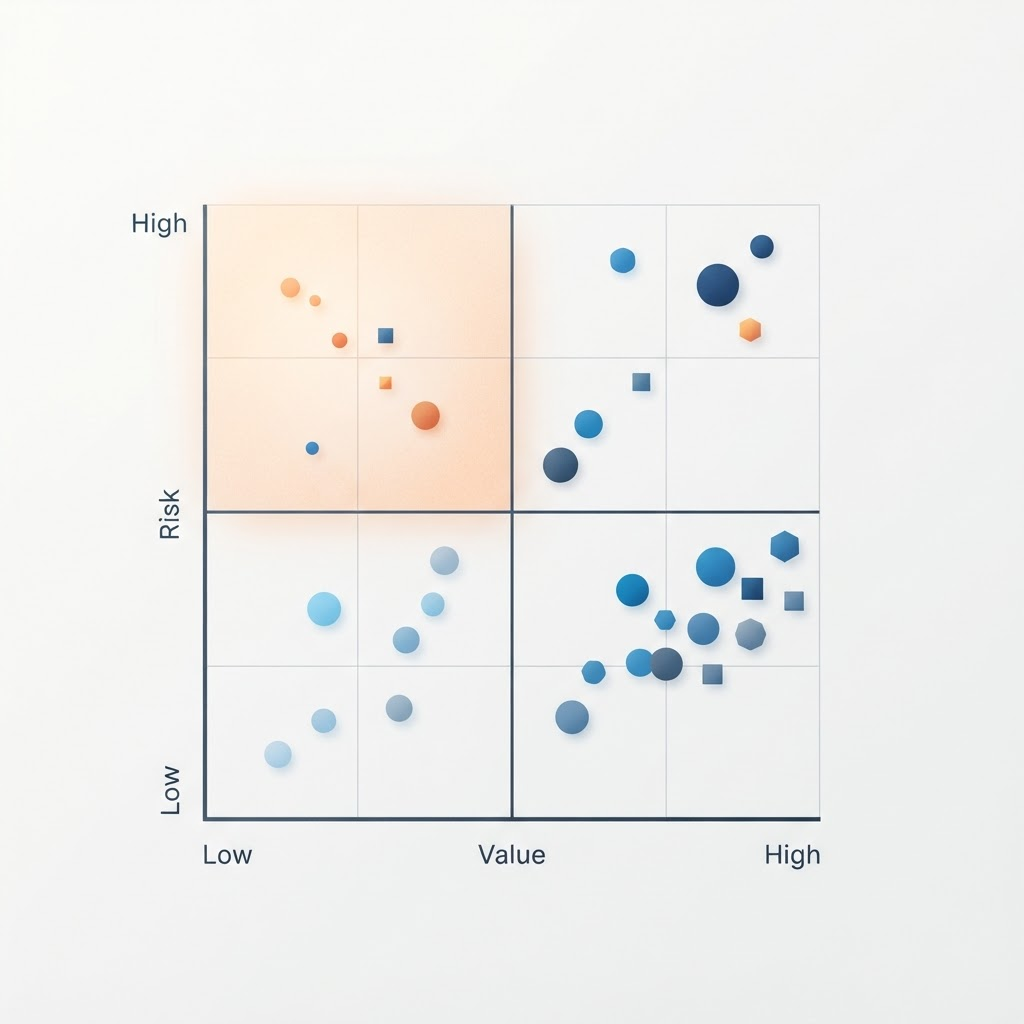 An abstract value-and-risk investment prioritisation matrix in a bright workspace