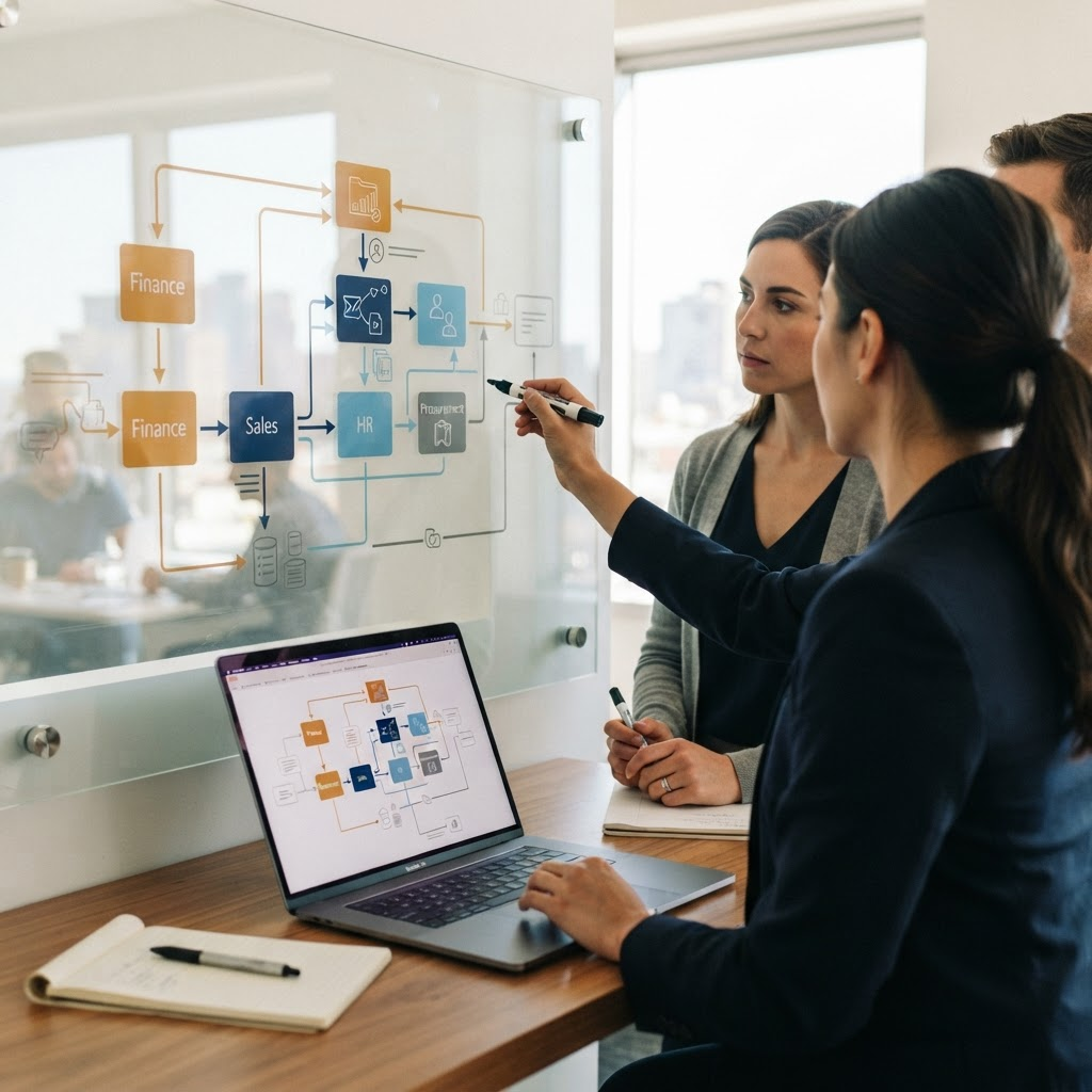 A team reviewing an abstract ERP and CRM process map connecting finance, sales and procurement modules