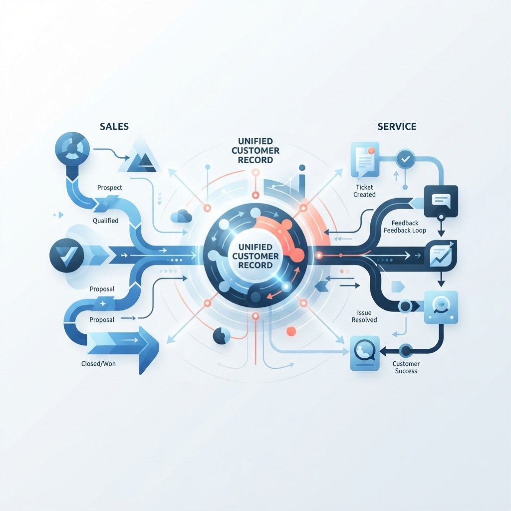 An abstract CRM interface aligning sales and service around a shared customer view