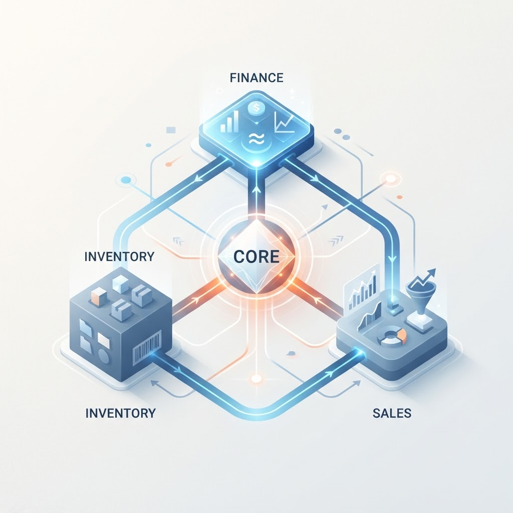 An abstract Odoo multi-module business platform connecting finance, inventory and sales