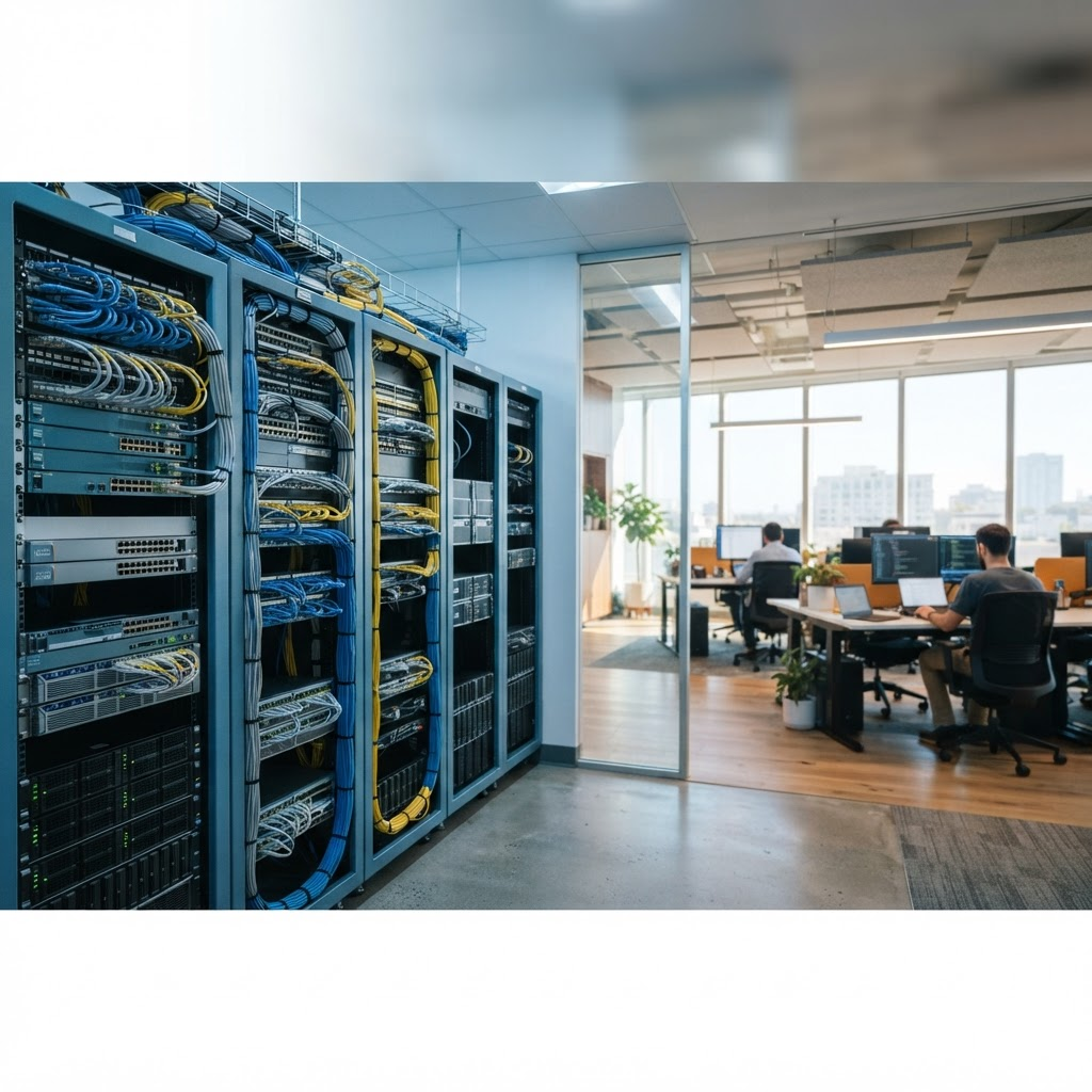 A tidy network room with structured cabling transitioning into a bright connected office