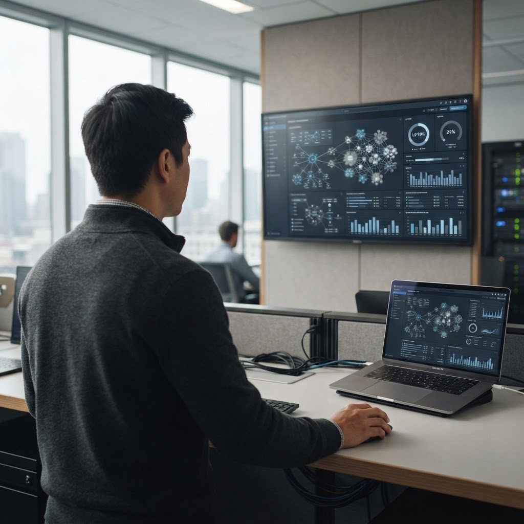 An IT engineer reviewing an abstract infrastructure and monitoring dashboard on a wall display