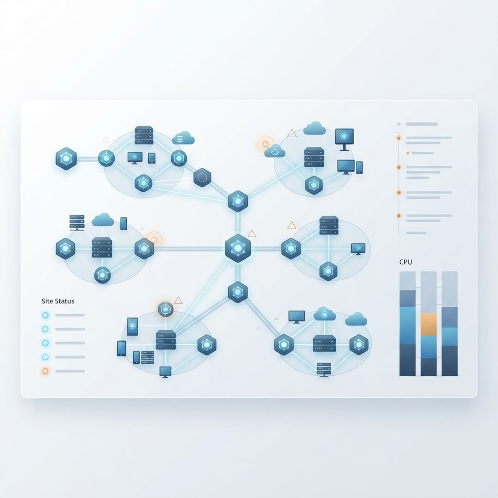 An abstract proactive infrastructure monitoring dashboard with alerts across sites