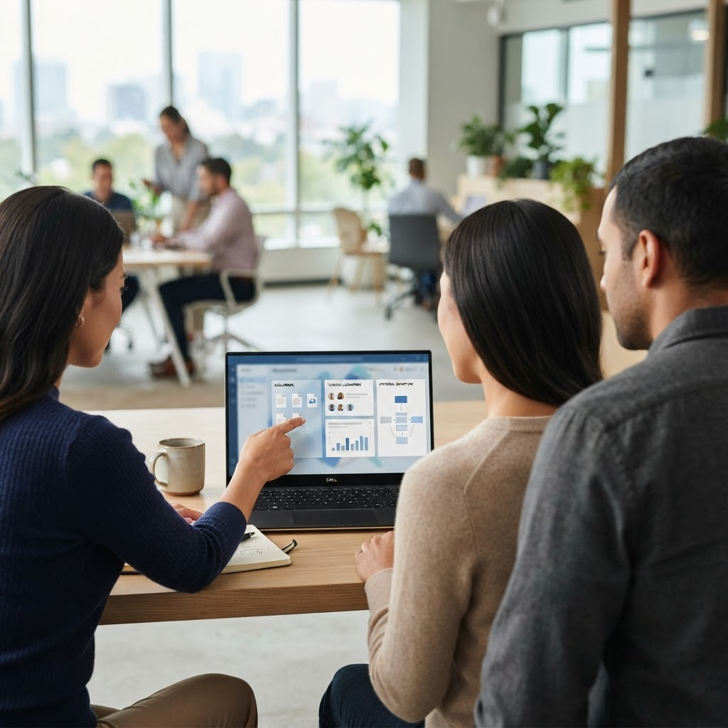 Colleagues collaborating around a laptop with abstract document library and approval-workflow panels