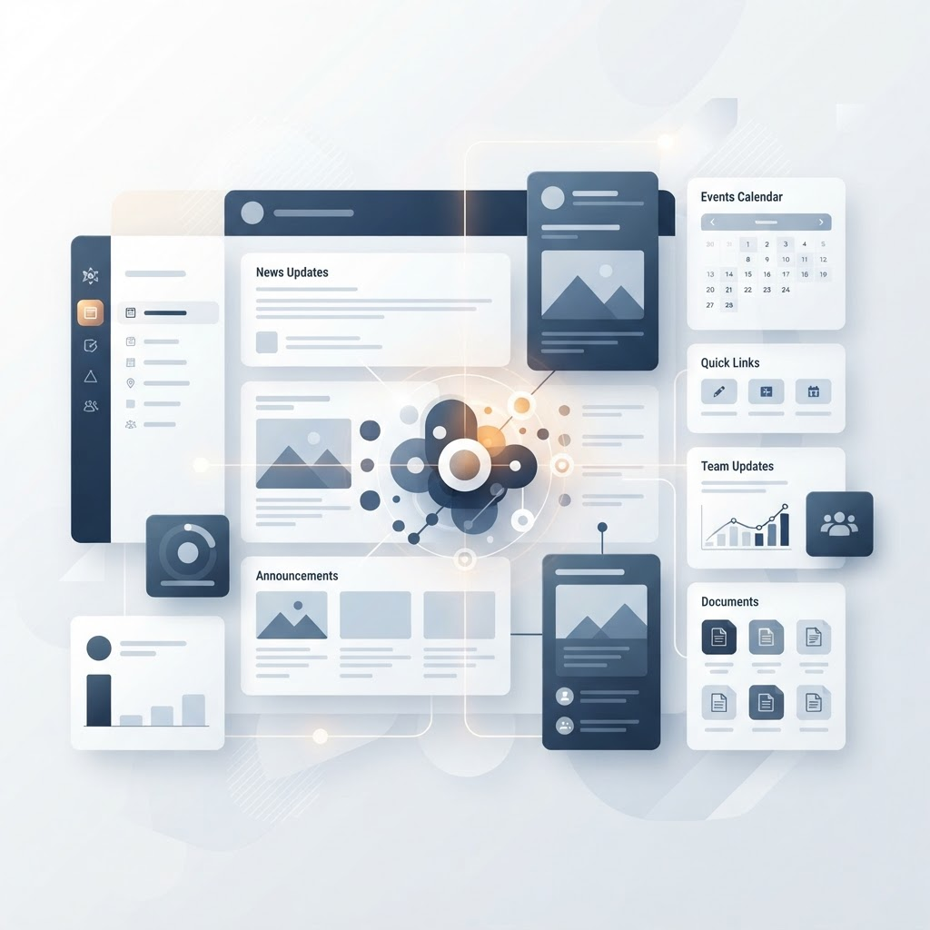 An abstract SharePoint corporate portal centralising company information on a bright display