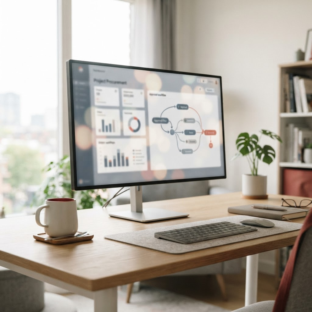 An abstract procurement and approval dashboard on a monitor in a bright workspace