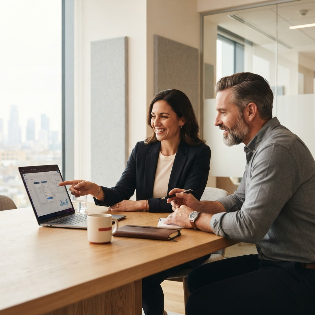 Two business professionals reviewing a software plan together on a laptop in a bright meeting space