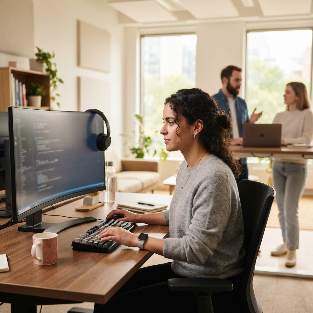 A software engineering team collaborating in a bright modern studio