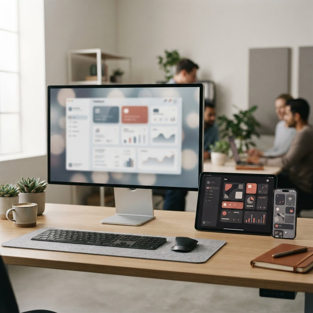 A modern software product workspace with a web application dashboard on screen and companion mobile app interfaces
