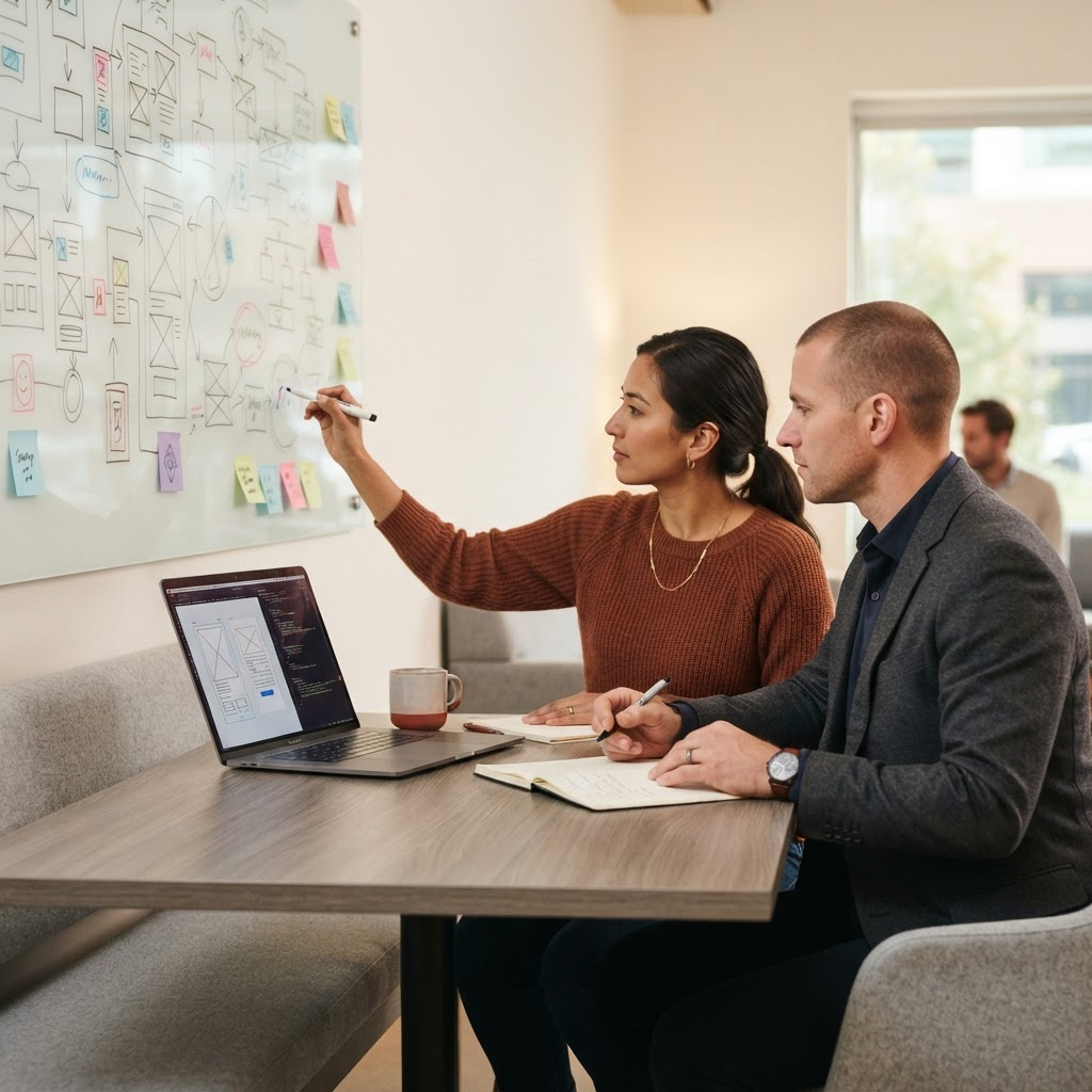 Two professionals planning a software product together over a laptop and a whiteboard of process diagrams