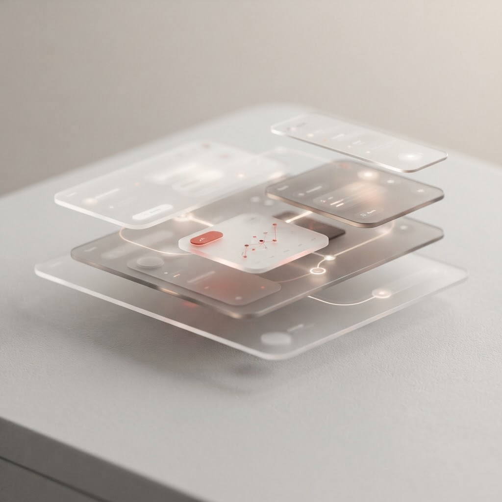 Abstract layered interface panels representing connected business applications
