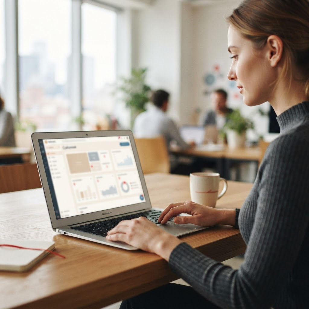 A person using a customer self-service portal on a laptop in a bright office