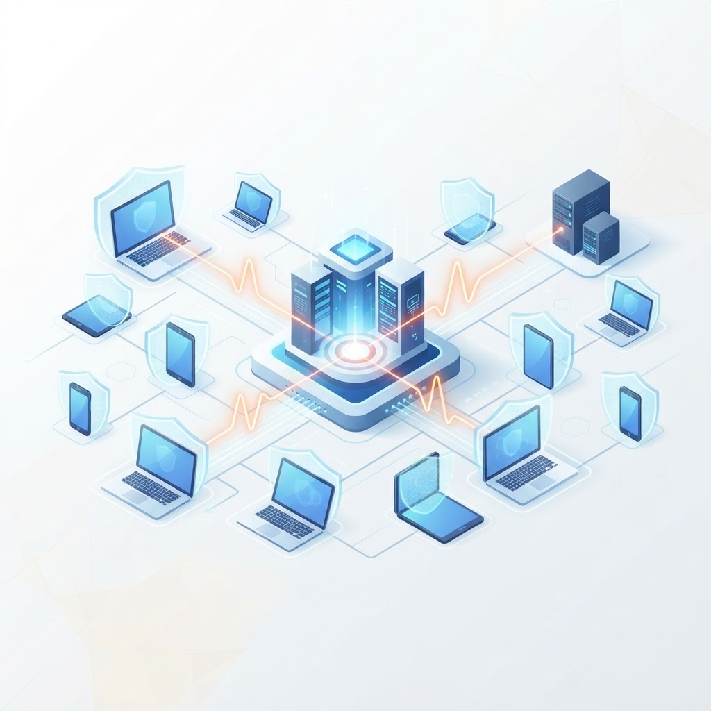 An abstract endpoint protection and EDR view showing secured devices across an organisation