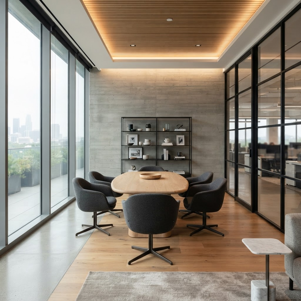 Contemporary enterprise workplace interior with glass, concrete and natural light
